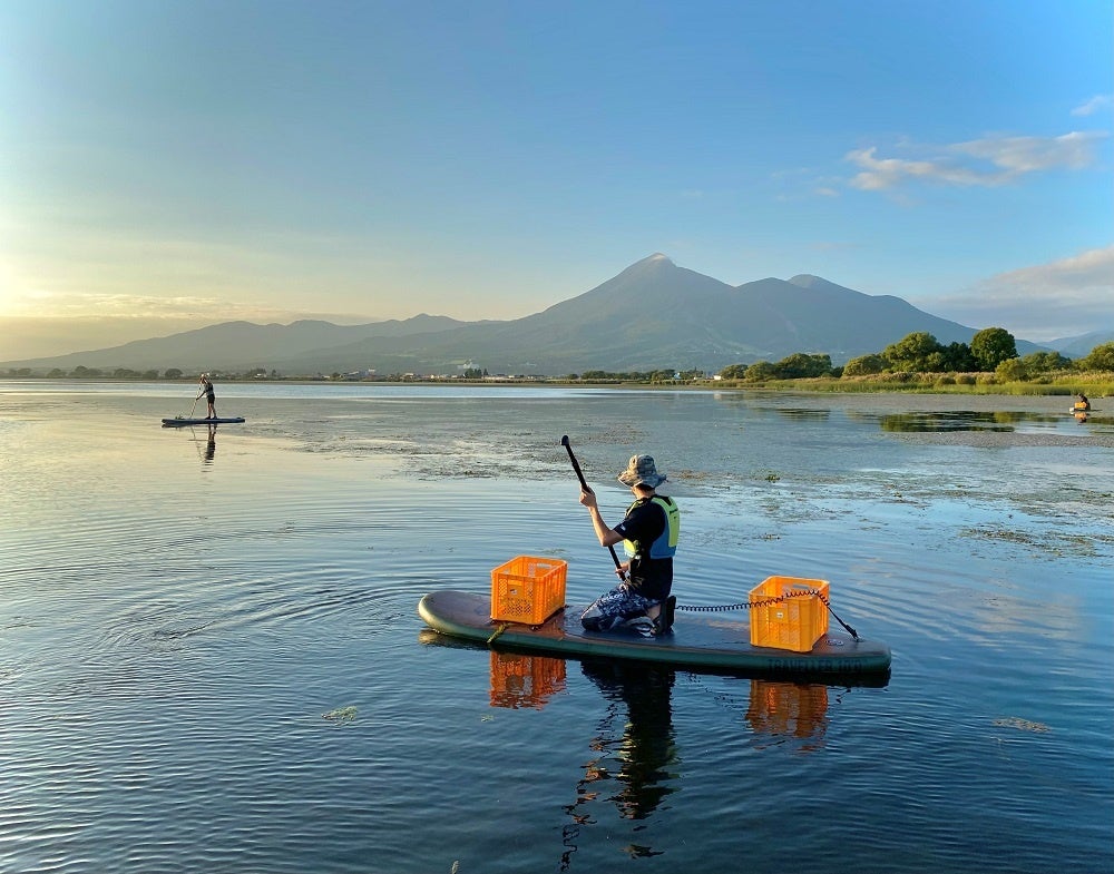 猪苗代湖でサップに乗っての水質悪化の原因である水草などを回収する作業