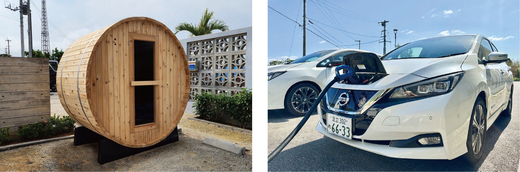 左：全客室に設置されるプライベートサウナ、右：うちなーみやレンタカー
