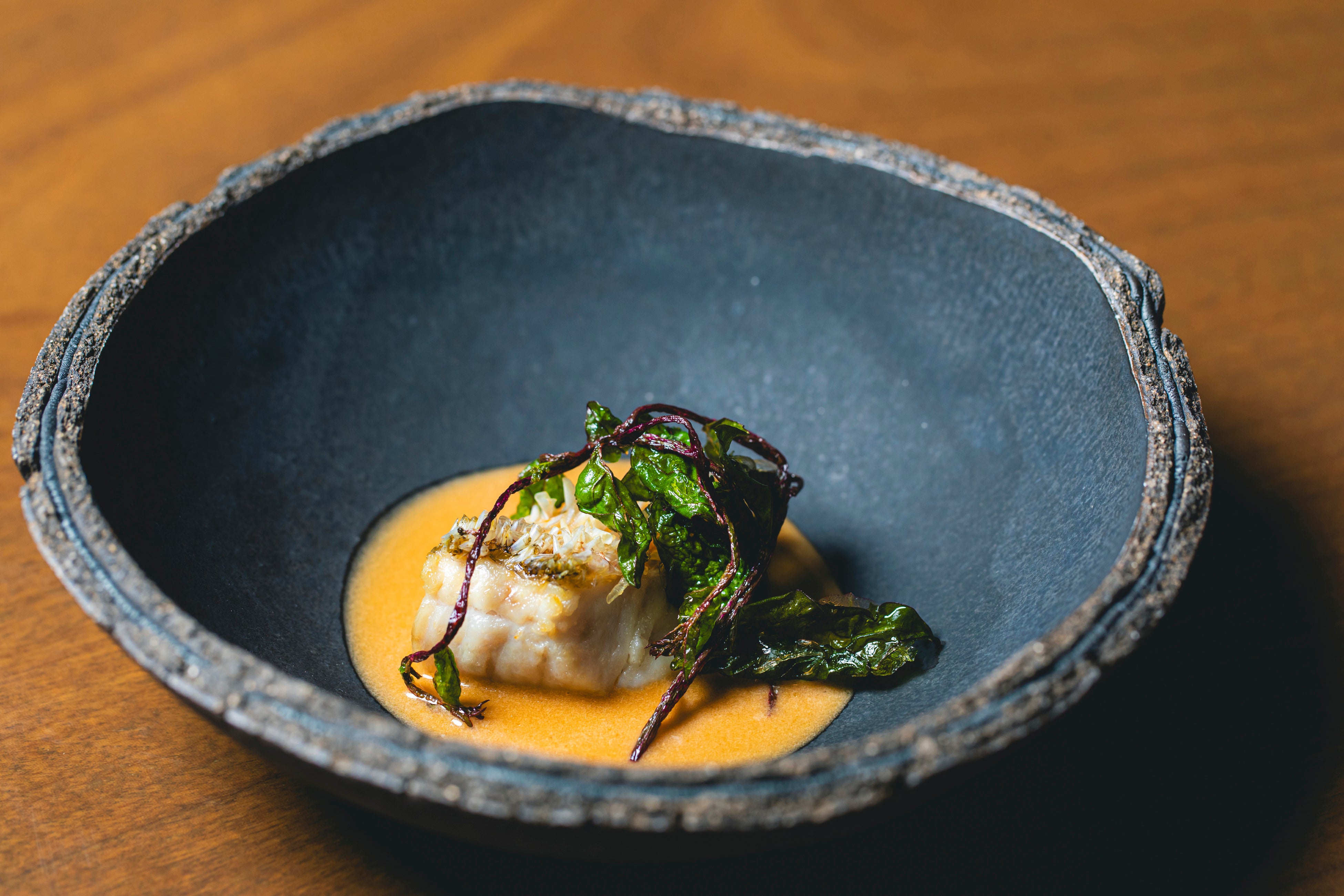 甘鯛松笠焼 甲殻類のソース オリーブオイルのエメルジョン