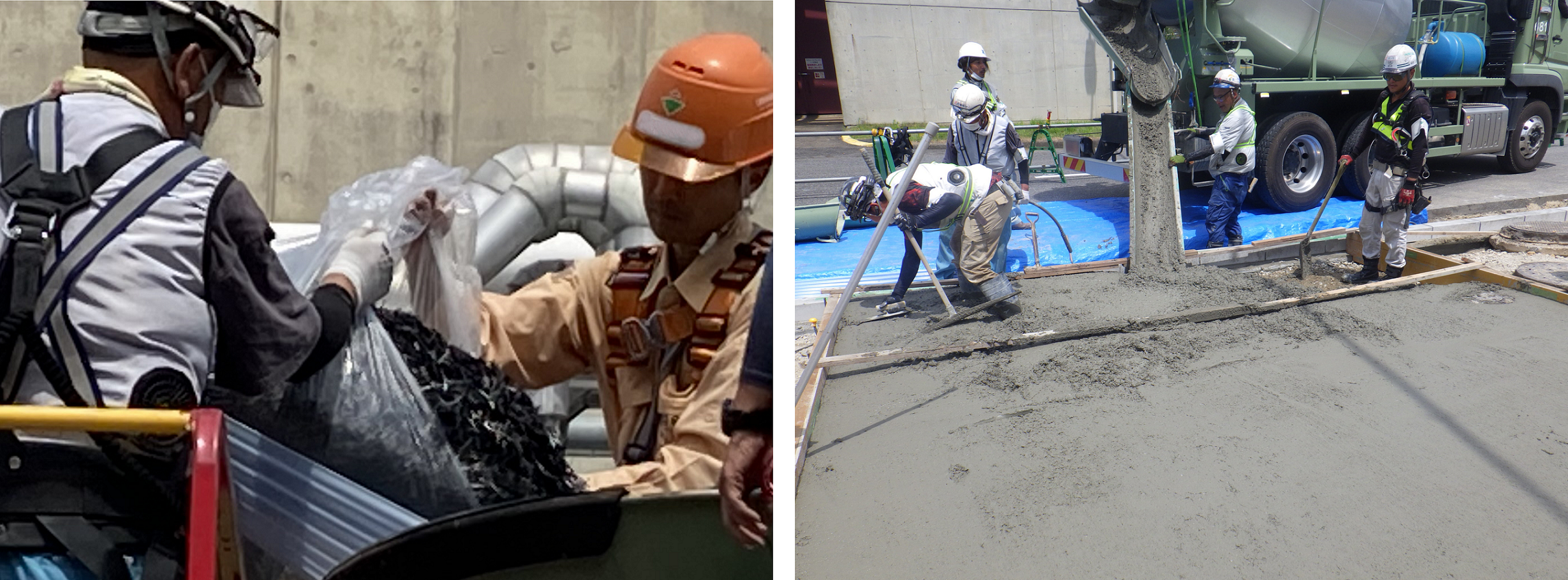 写真1 施工状況 (炭素繊維カット材を投入)・写真2 施工状況　(リカボクリート打設)