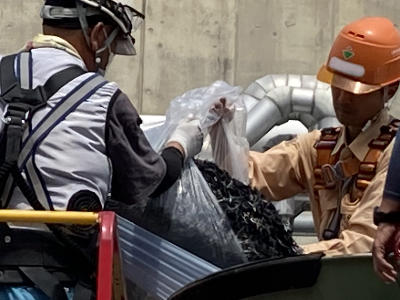 写真1 施工状況 (炭素繊維カット材を投入）