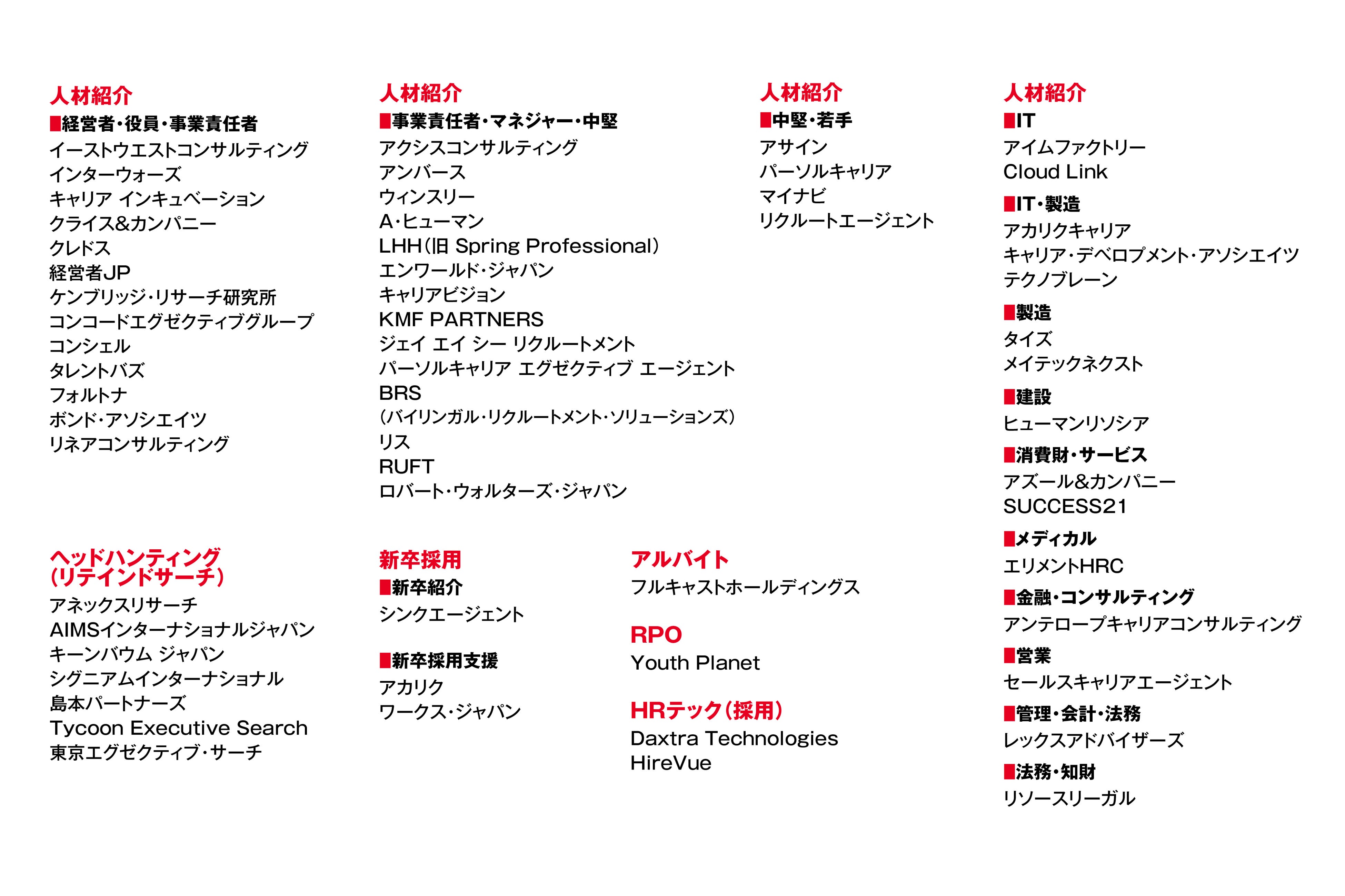 「⼈材コンサルティング会社＆サービスガイド100選」選出会社＆サービス名⼀覧