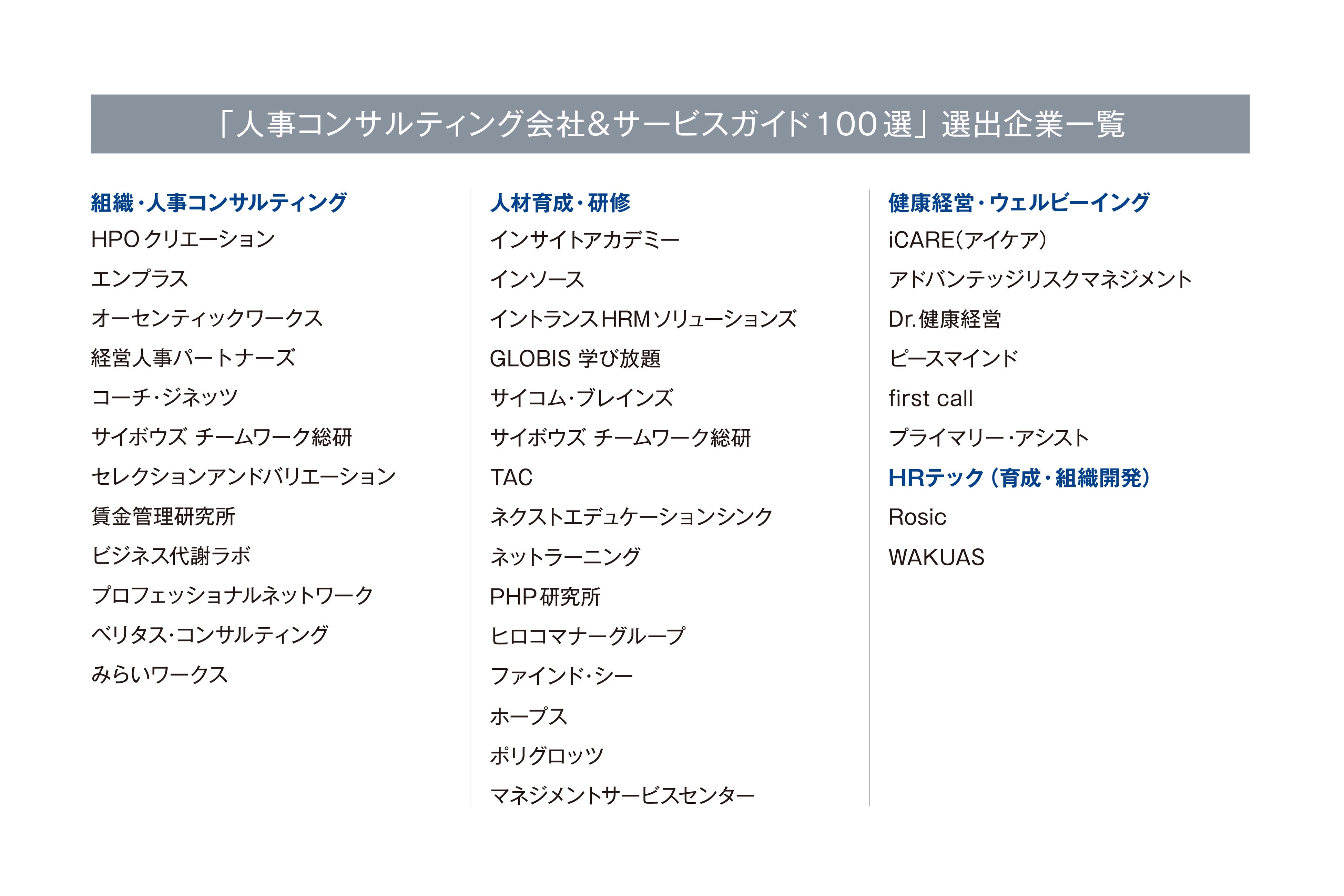 「人事コンサルティング会社＆サービスガイド100選」選出会社&サービス一覧