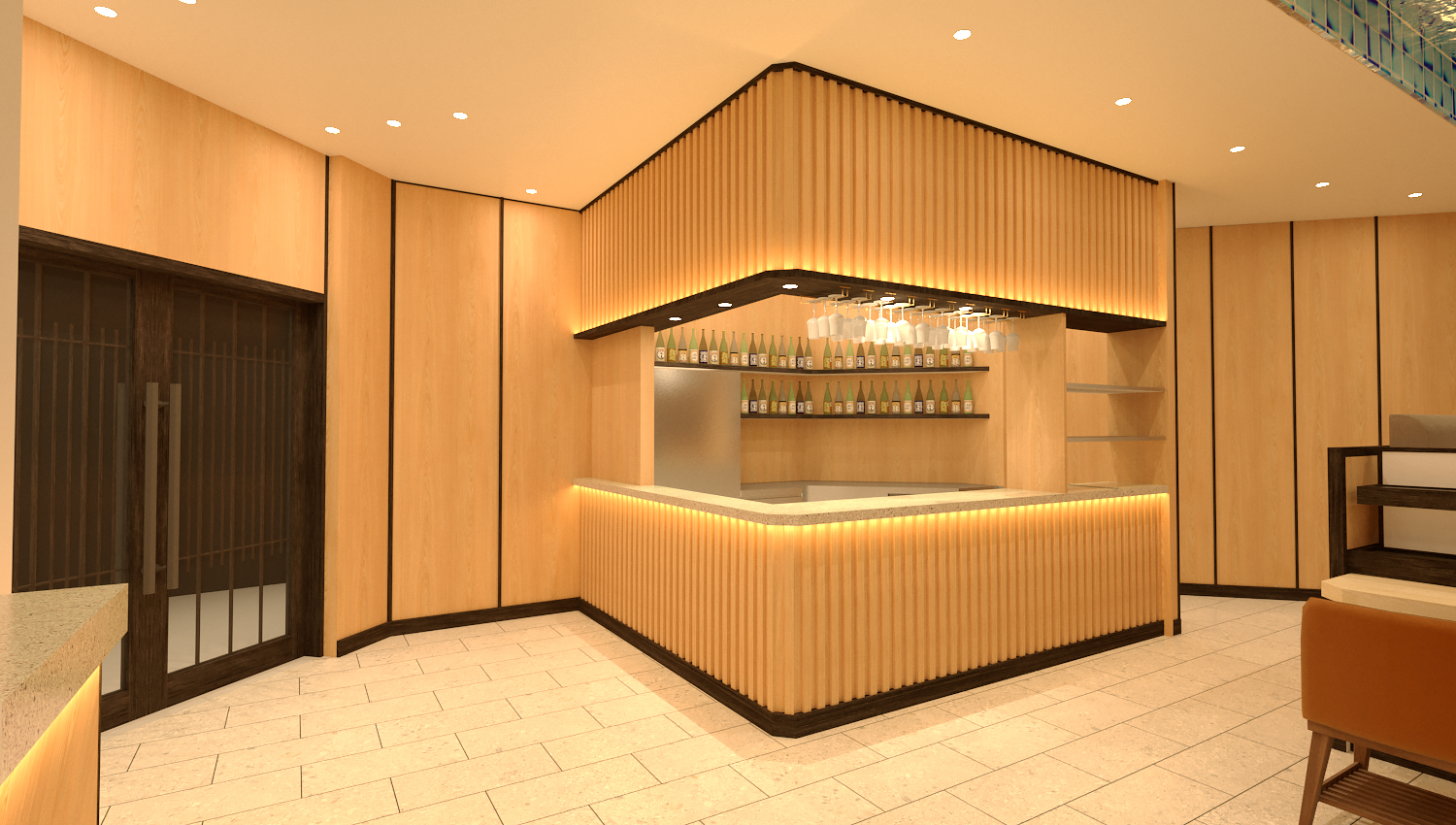 「廻転鮨 銀座おのでら　ハワイ店」内観ウェイティングバーイメージCG