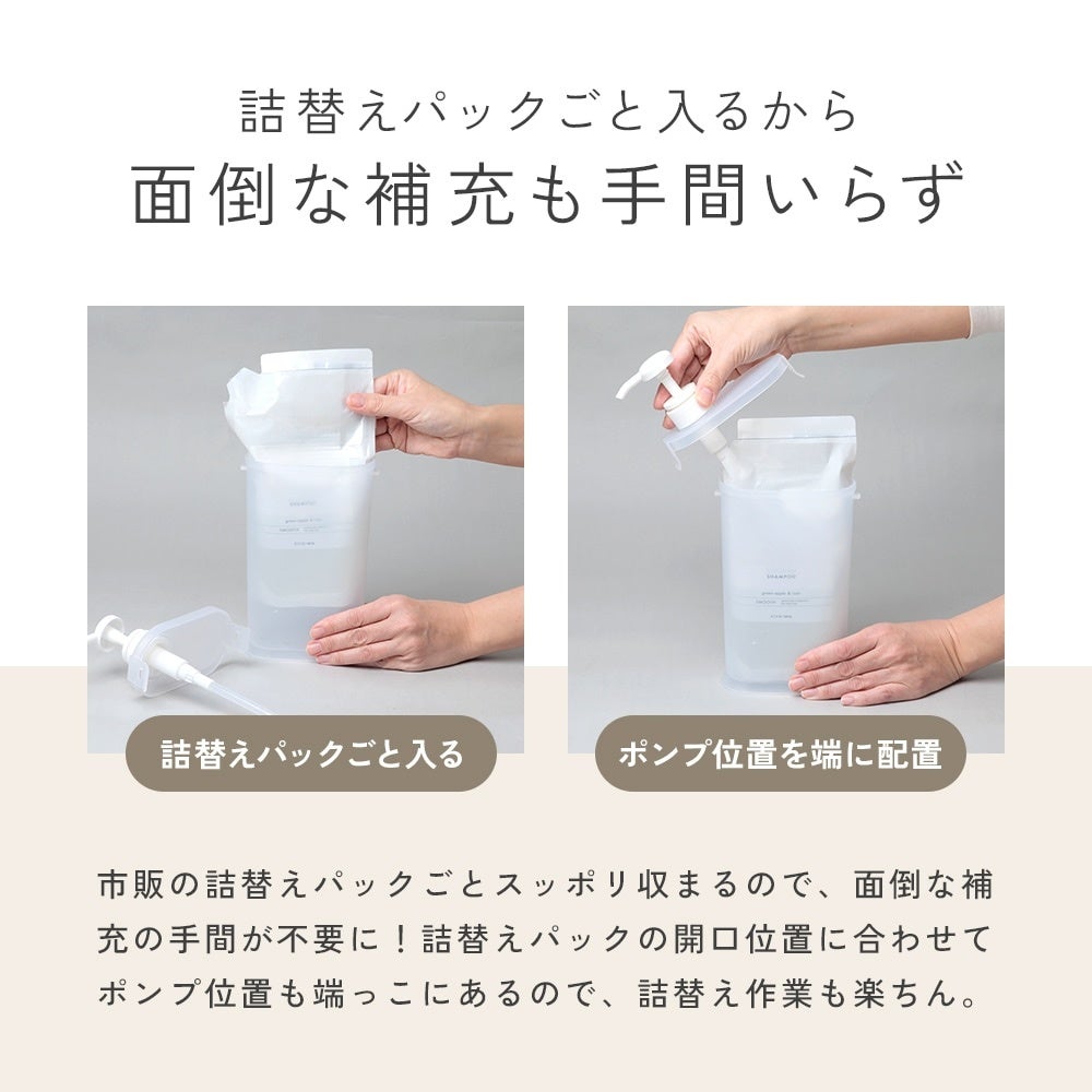 詰替えパックごとスッポリ！シャンプーなどの詰替えに便利な