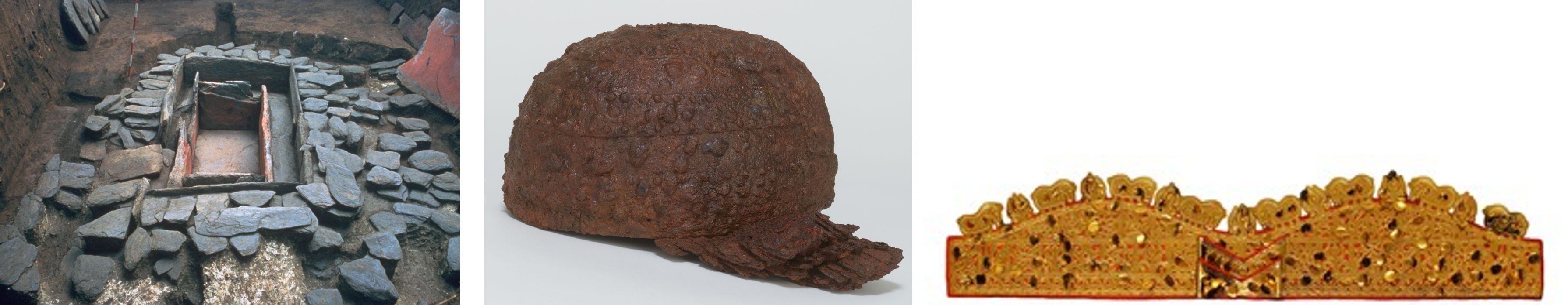 左：玉里舟塚古墳(茨城県)の石棺、中央：三昧塚古墳出土衝角冑（寄託資料）、右：三昧塚古墳出土金銅馬形飾付透彫冠復元品（当館蔵）