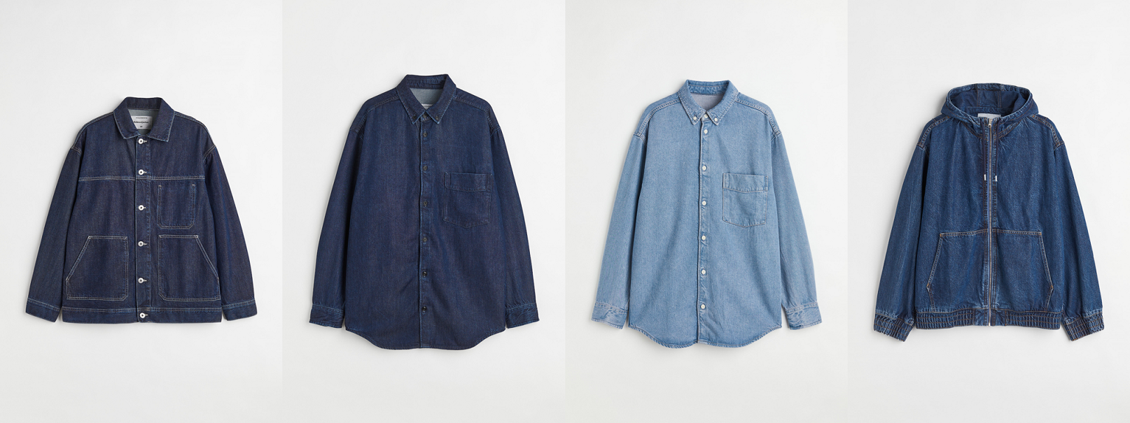 (左から) リラックスフィットデニムジャケット￥7,999 オーバーサイズフィットデニムシャツ￥4,999 オーバーサイズフィットデニムシャツ￥4,999 リラックスフィットフーデッドデニムジャケット￥7,999 (オンライン限定) 