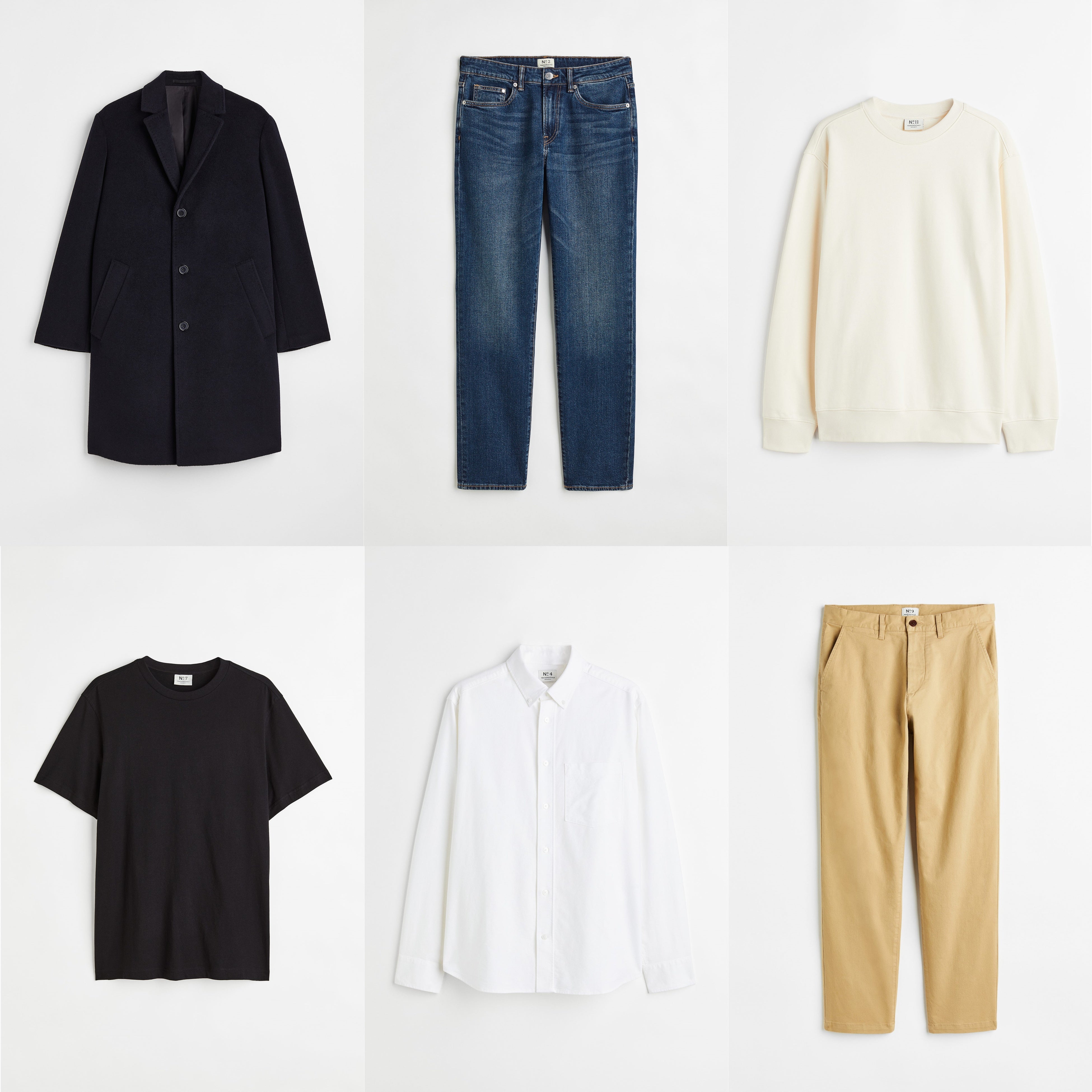 左上から時計回りに コート¥14,999 デニムパンツ¥5,999 レギュラーフィットコットンスウェットシャツ¥2,999 チノパンツ¥5,999 シャツ¥3,999 Tシャツ¥1,799