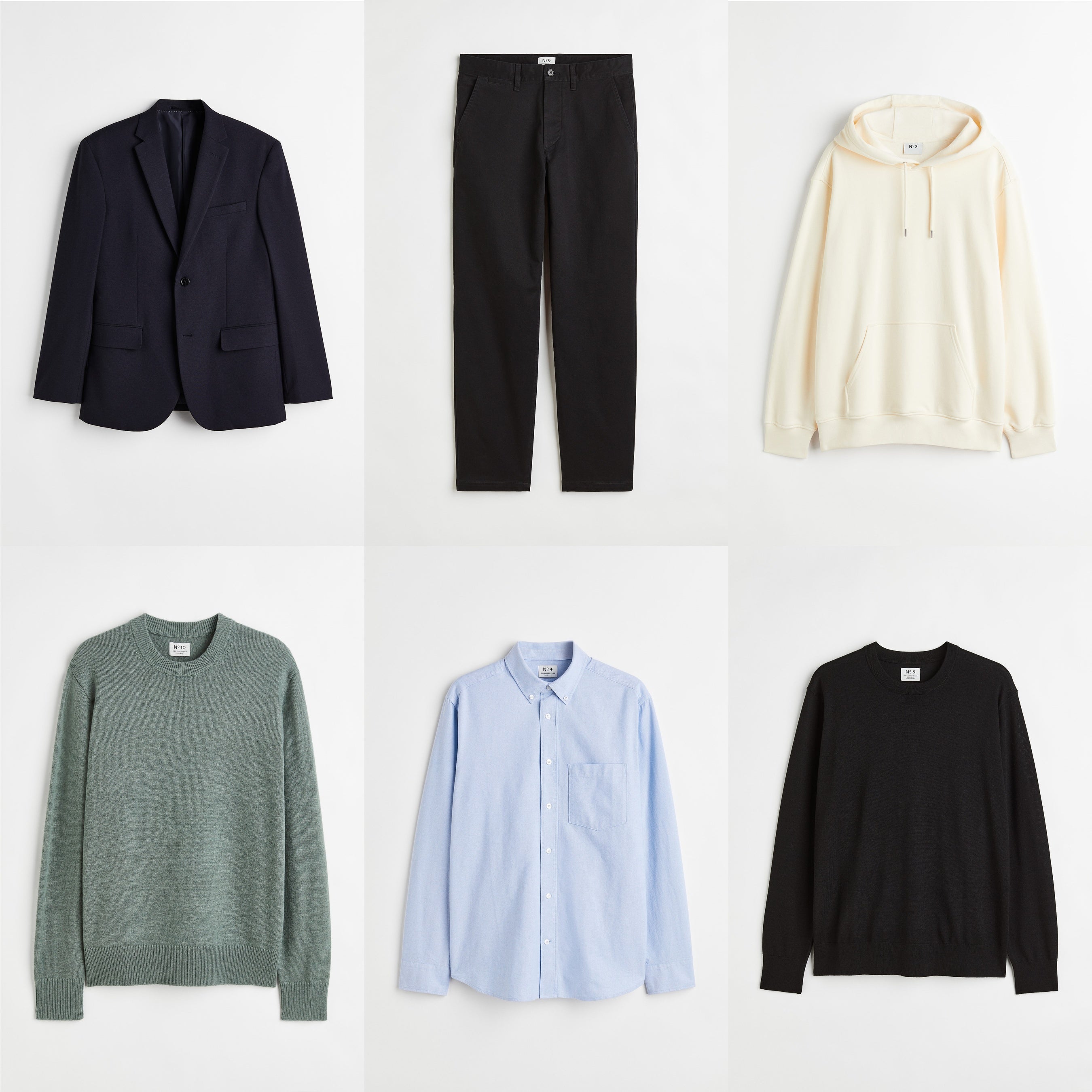 左上から時計回りに ブレザー¥9,999 スラックス¥5,999 フーディ¥3,999 レギュラーフィットコットンファインニットセーター¥5,999 レギュラーフィットオックスフォードシャツ¥3,999 セーター¥5,999