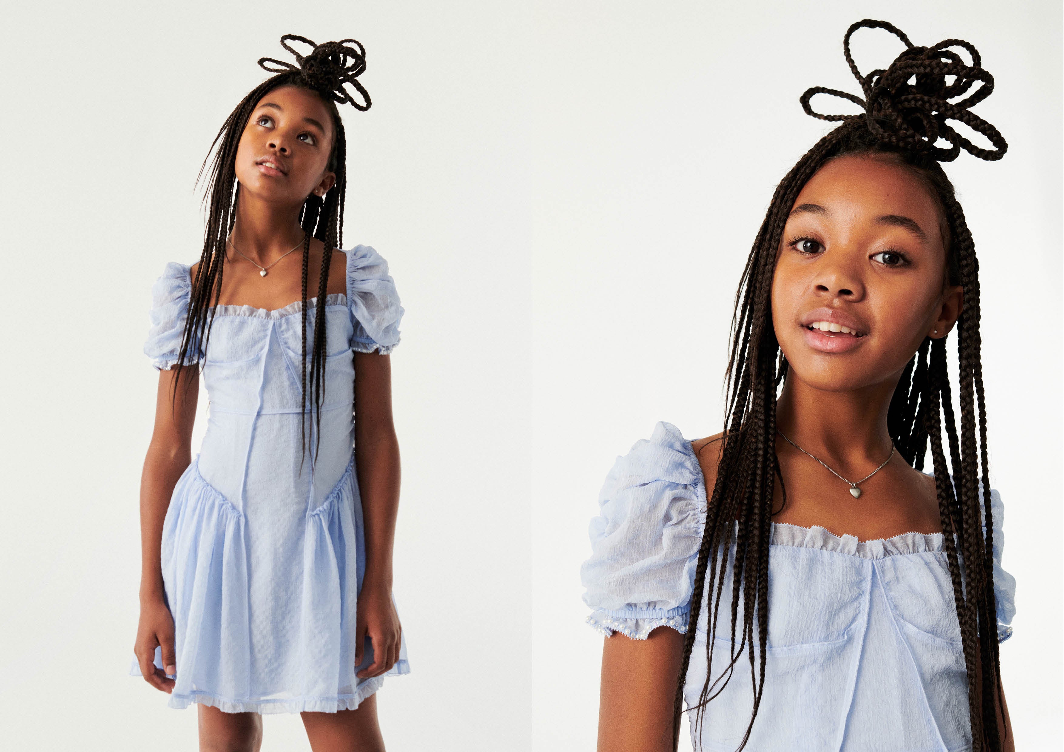 ビーズトリムパフスリーブワンピース￥6,999 ショートペンダントネックレス 2本セット￥2,999