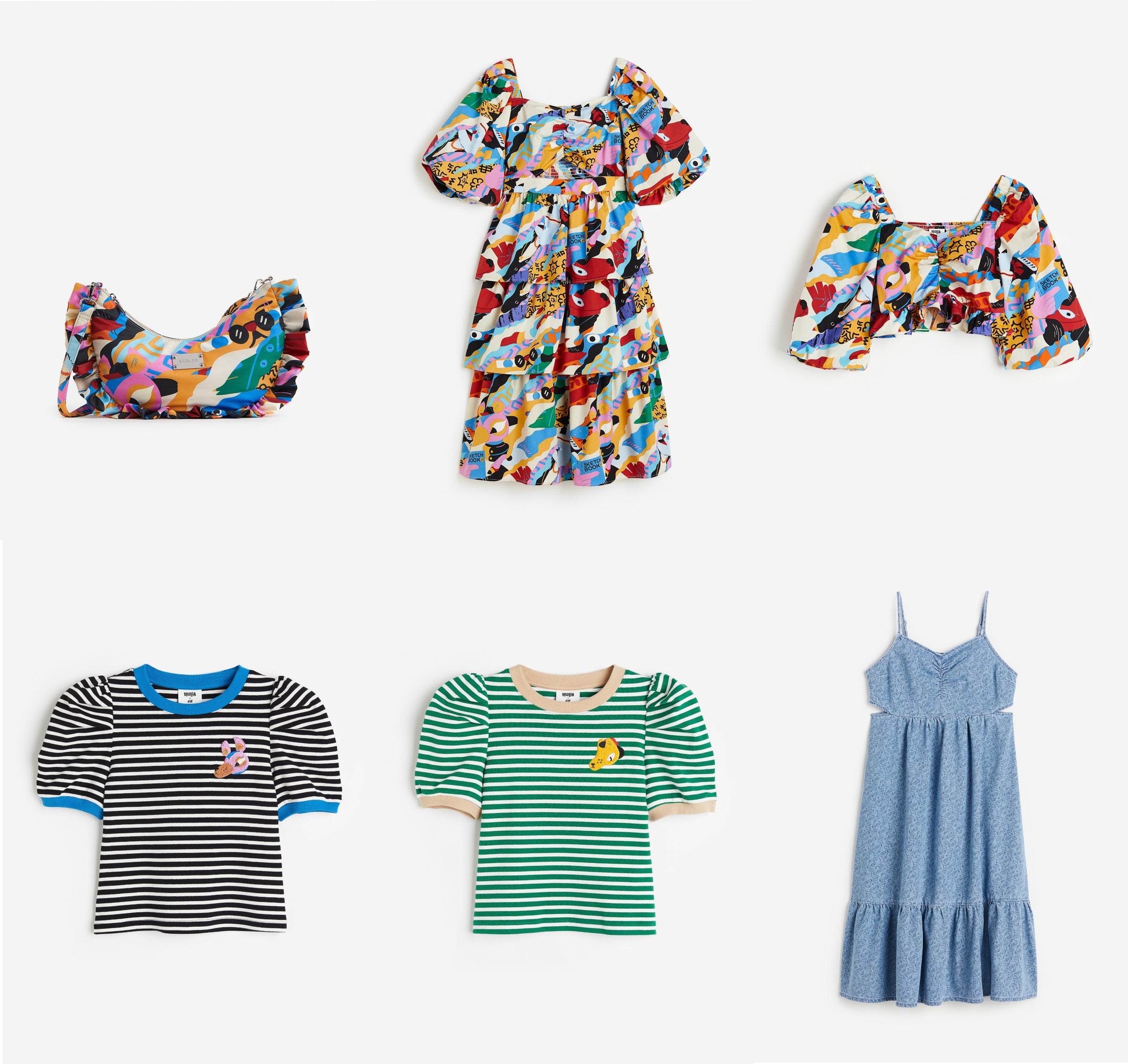 左上から フリルトリムショルダーバッグ¥3,999 パフスリーブドレス￥6,999 パフスリーブブラウス¥3,999 パフスリーブアップリケトップ¥1,999(下段右中) カットアウトデニムドレス￥4,999