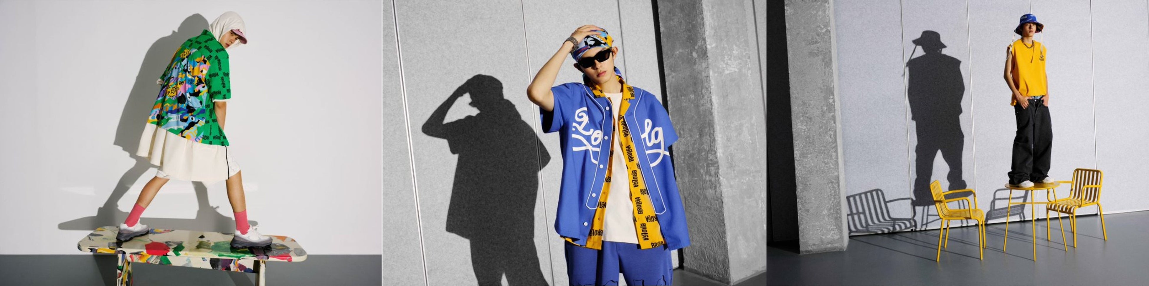 (左)ルーズフィットプリントシャツ¥1,999 (中)ルーズフィットプリントシャツ¥1,999 プリントベースボールシャツ¥2,999 ルーズフィットショーツ¥1,999 (右)ルーズフィットプリントタンクトップ¥1,799 バケットハット¥1,499