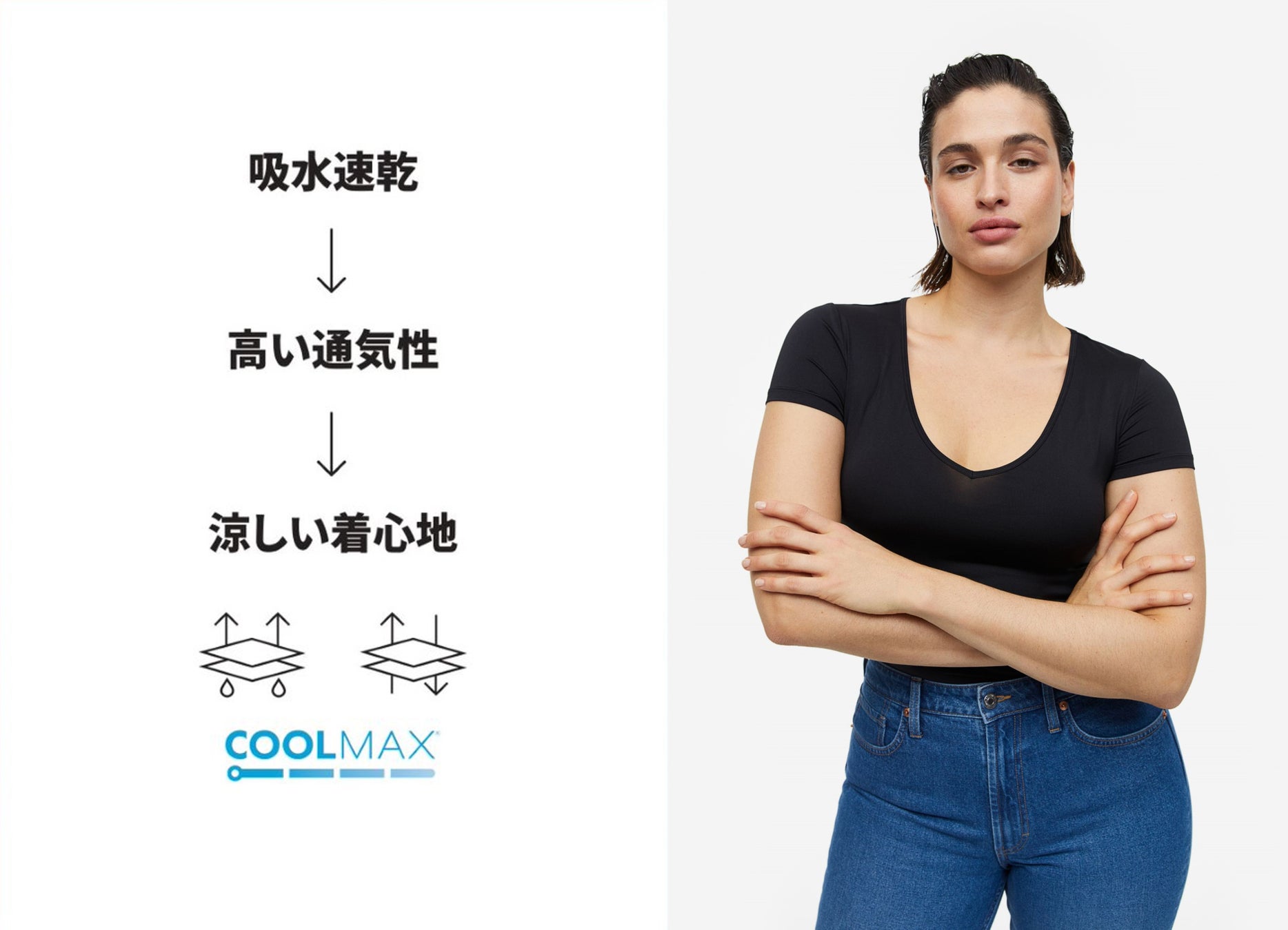 H&M 2023年最新ウィメンズウェア ベーシックアイテム 「COOLMAX®(クールマックス)」 VネックTシャツ ¥999