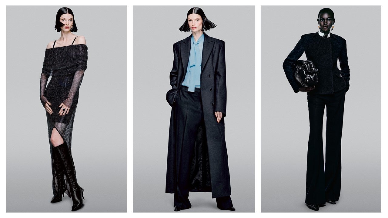 左ドレス￥29,999​ ブーツ￥34,999 リング￥5,999 イヤリング￥6,999 中ブラウス￥16,999 アワーグラスコート￥34,999 ブーツカットパンツ￥16,999  右ジャケット￥24,999 ブーツカットパンツ￥16,999