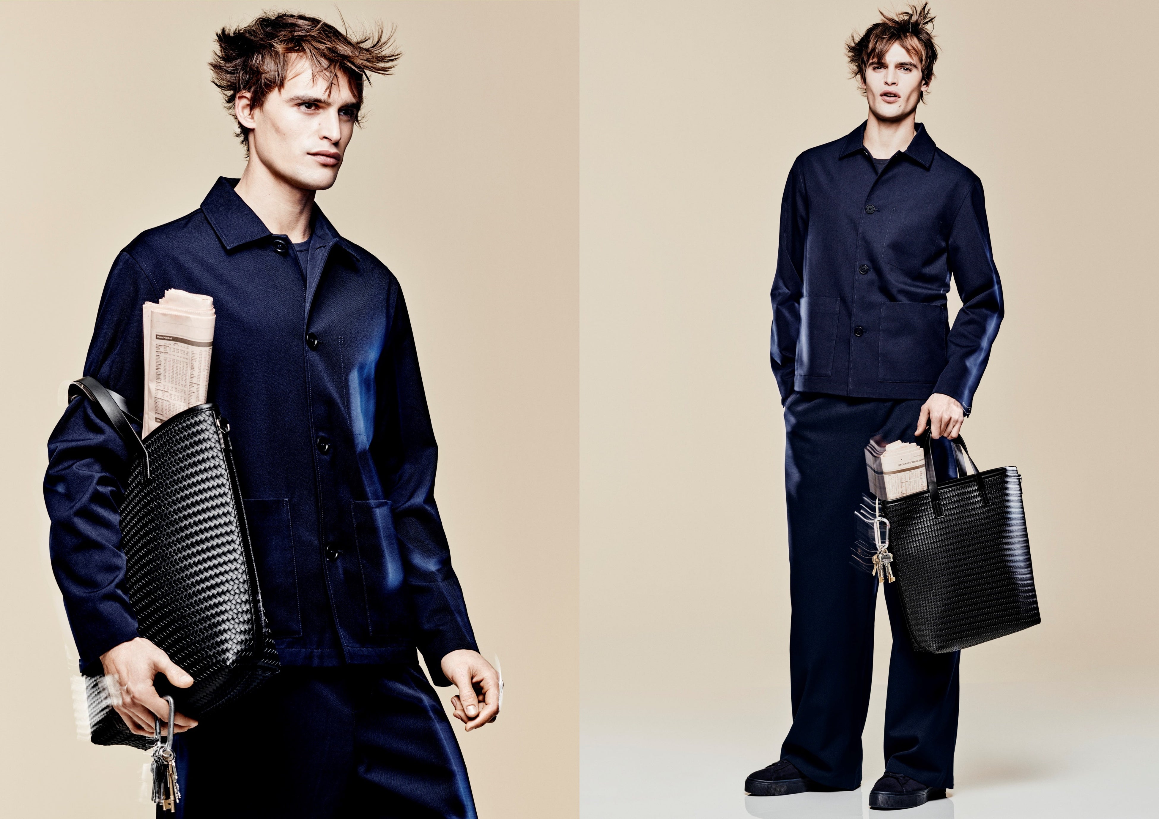 H&M 「SS 2024」メンズコレクション：レギュラーフィット ツイルジャケット¥3,999 ルーズフィット ツイルジョガーパンツ¥3,999 編み込みショッパー¥4,499