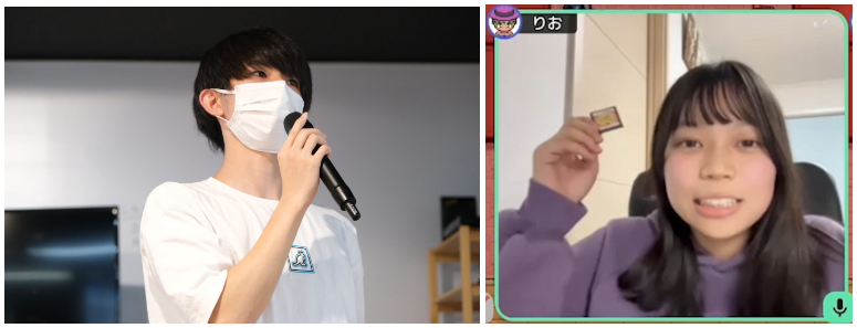 ――大人顔負けのプレゼンテーションを繰り広げる様子（左：サマーキャンプ　右：オンラインセッションでの風景）