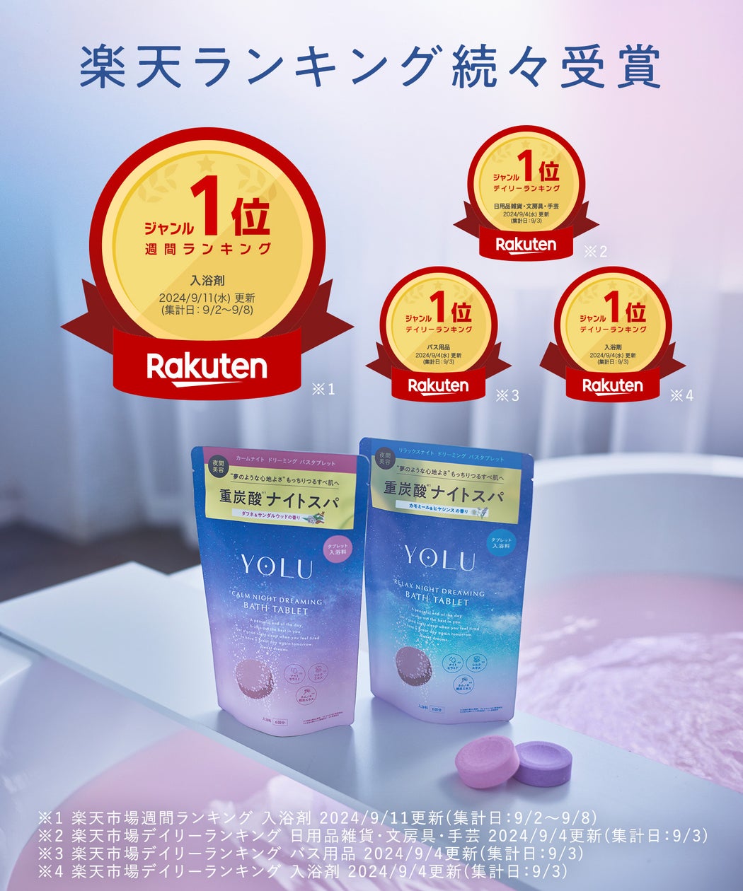 【楽天市場ランキング6冠*】YOLUの“夜間美容ボディケアシリーズ”が大好評!「ドリーミング バスタブレット」が週間ランキング1位、「ナイトケアボディソープ」も発売初日デイリーランキング1位を獲得