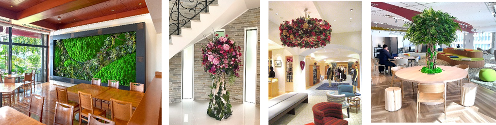 左から　大分市美術館レストラン壁面装飾、個人宅の装飾、トゥモローランド店内装飾、株式会社ロピアホールディングスオフィス装飾