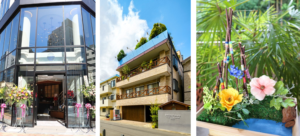 左：ベル・フルール銀座校 外観（4月28日オープン時）　　中：ベル・フルール常盤台校　　右：「ワクワク夏のキッズセミナー2023」で作成予定の作品見本