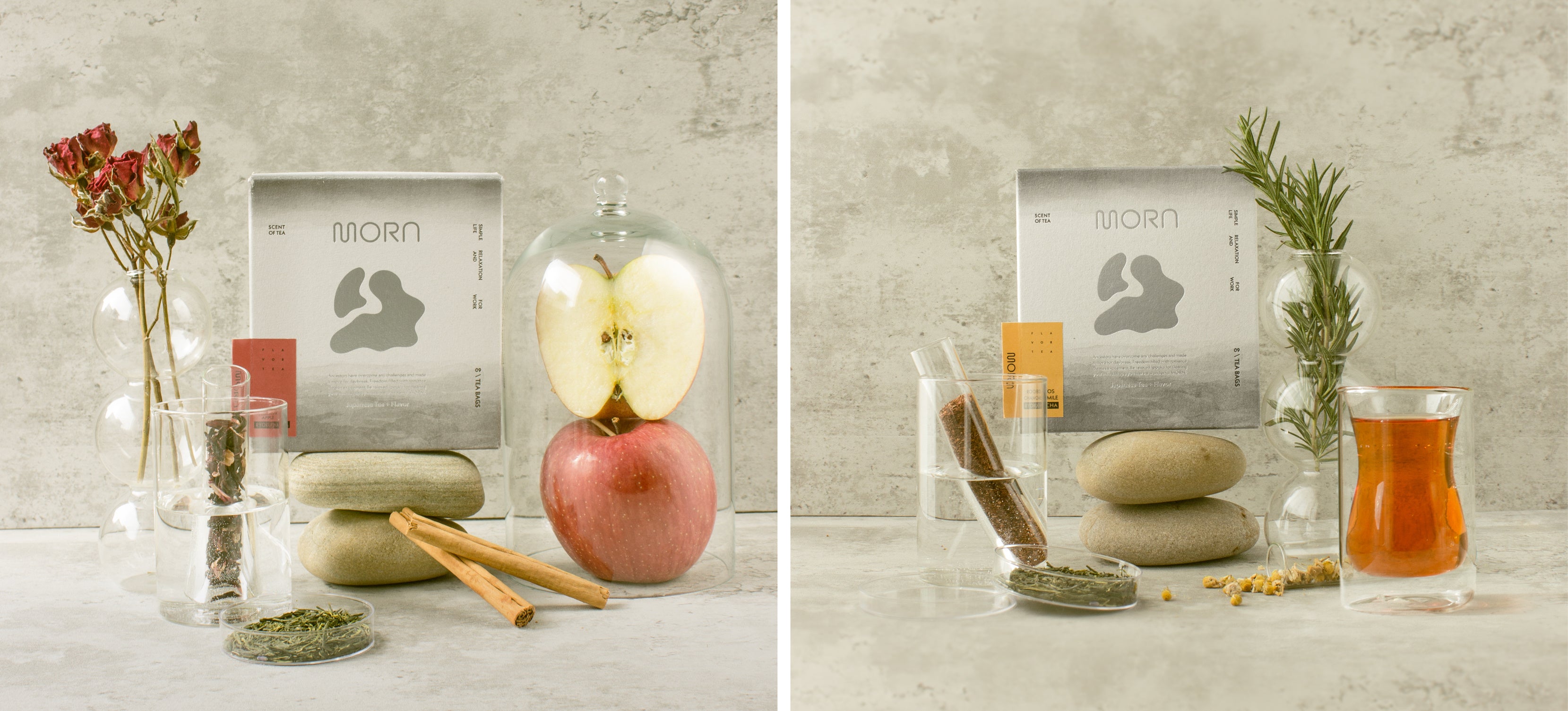 (写真左)HIBISCUS APPLE RYOKUCHA  (写真右) ROOIBOS CHAMOMILE RYOKUCHA