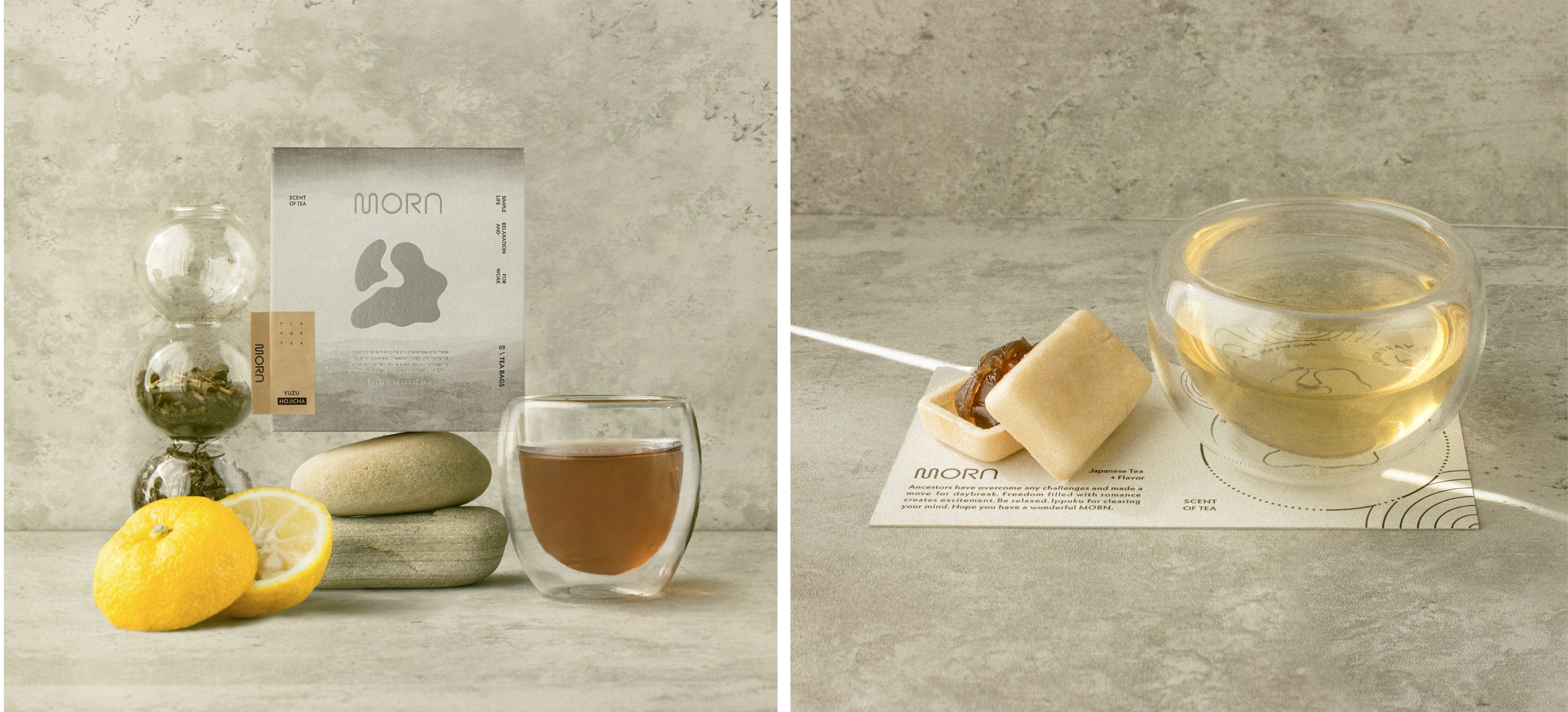 (写真左)YUZU HOJICHA  (写真右) 同梱のショップカードはコースターとして使用でき、特別な一服を演出します