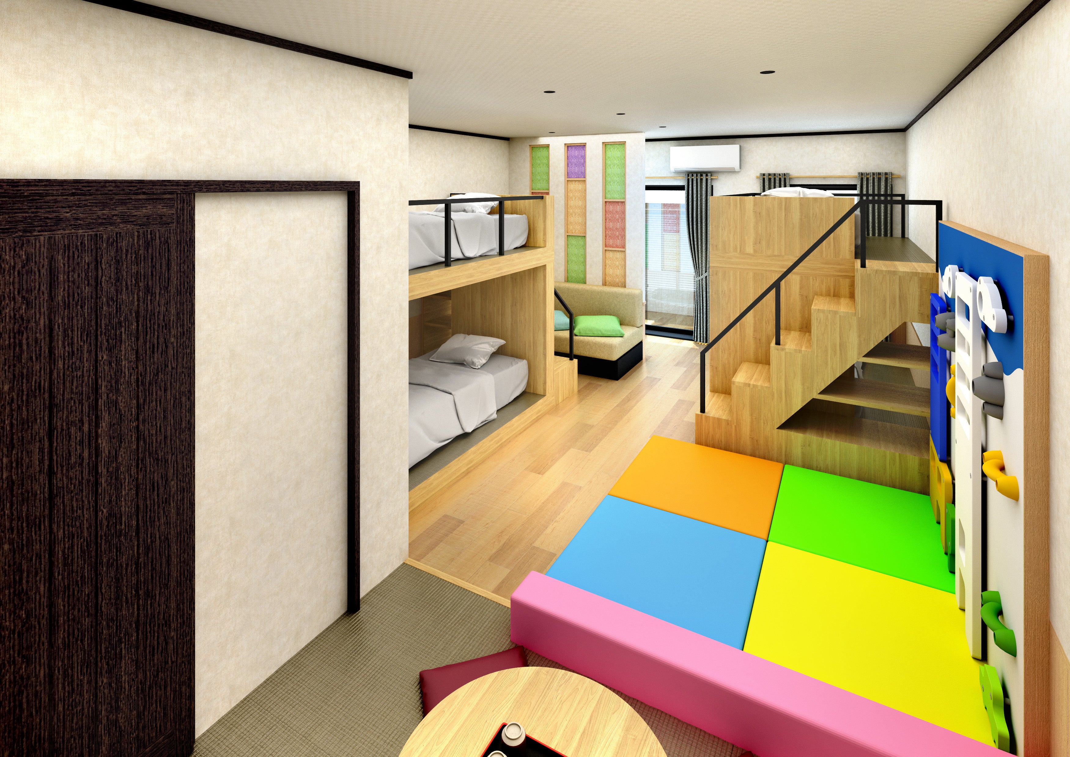 壁にはロッククライミング、ファミリーで楽しめる2段ベットをご用意