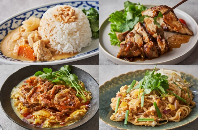 セット商品に含まれる商品例　（左上から）鶏肉のマッサマンカレー（ガイゲーンマッサマン） 、 肉のステーキ（ガイヤーン）、 ソフトシェルクラブの卵カレー炒め（プーニムパットボンカレー） 、タイ風焼きそば（パッタイ）
