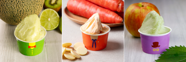 販売した商品一例。左から「肥後グリーントロピカル」、「ホワイトショコラ＆紅天神（にんじん）」、「青じそとりんご」