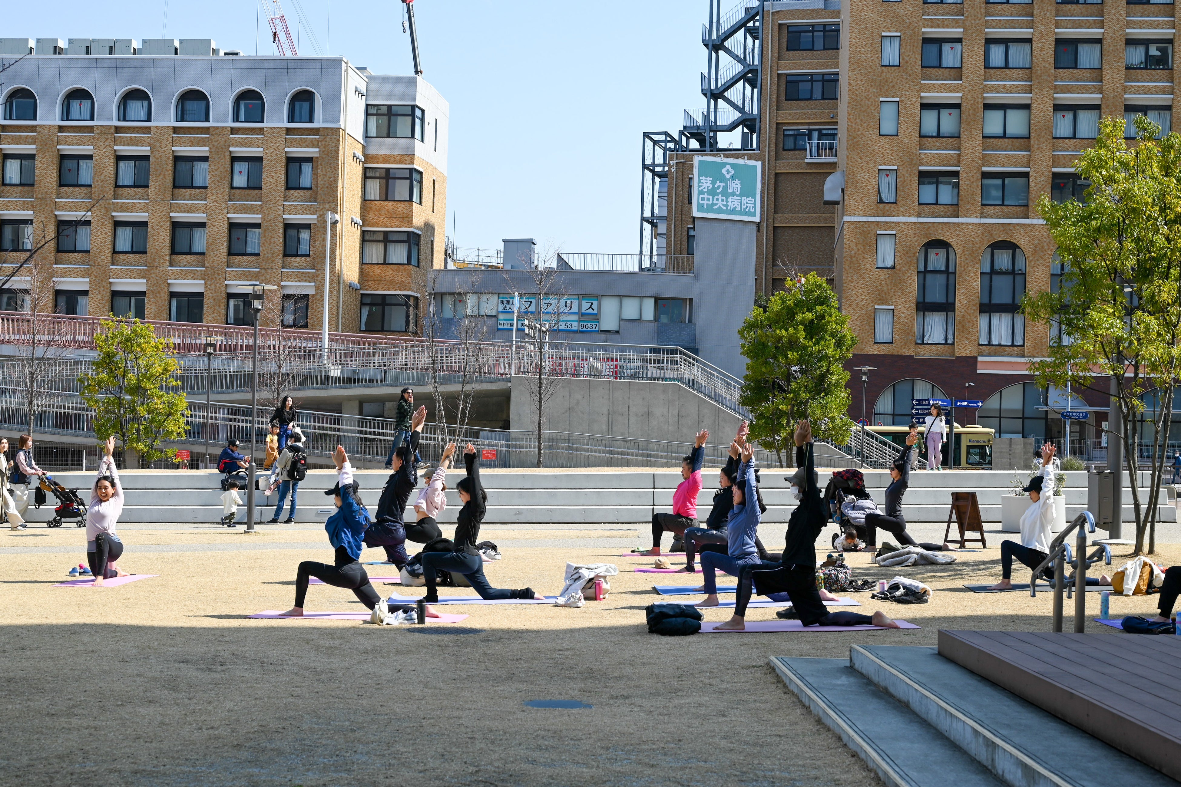 青空の下、ヨガで汗を流す参加者のみなさん