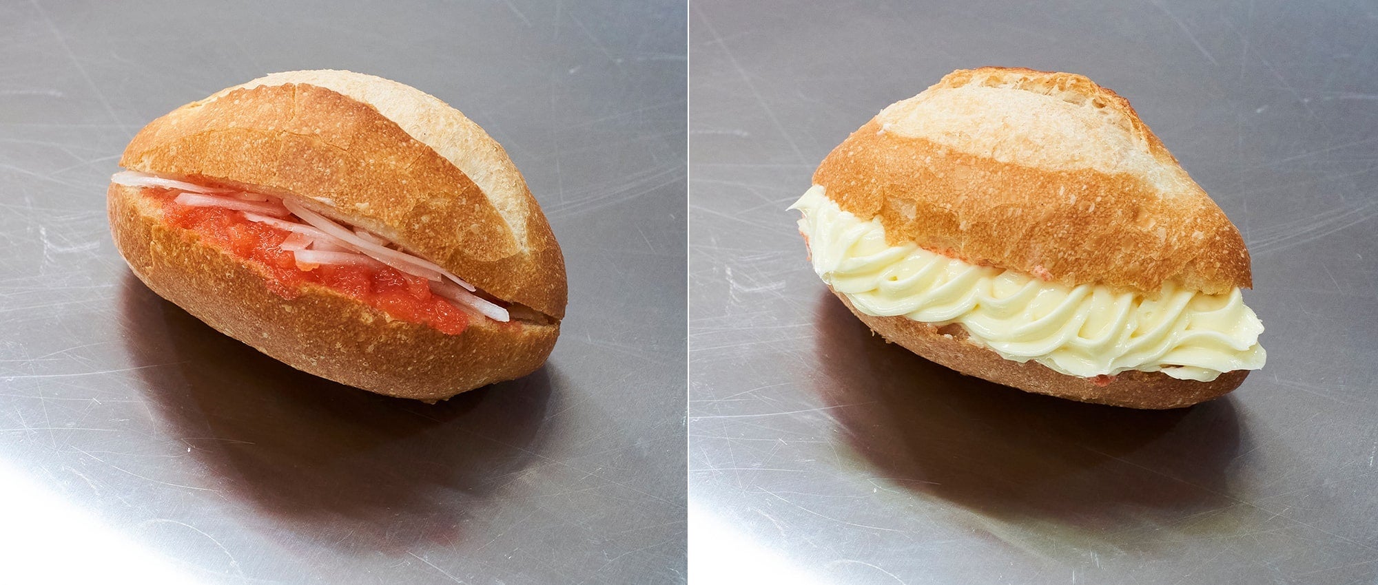 （左）福さ屋の生明太ロール／（右）福さ屋の生明太ミルクフランス