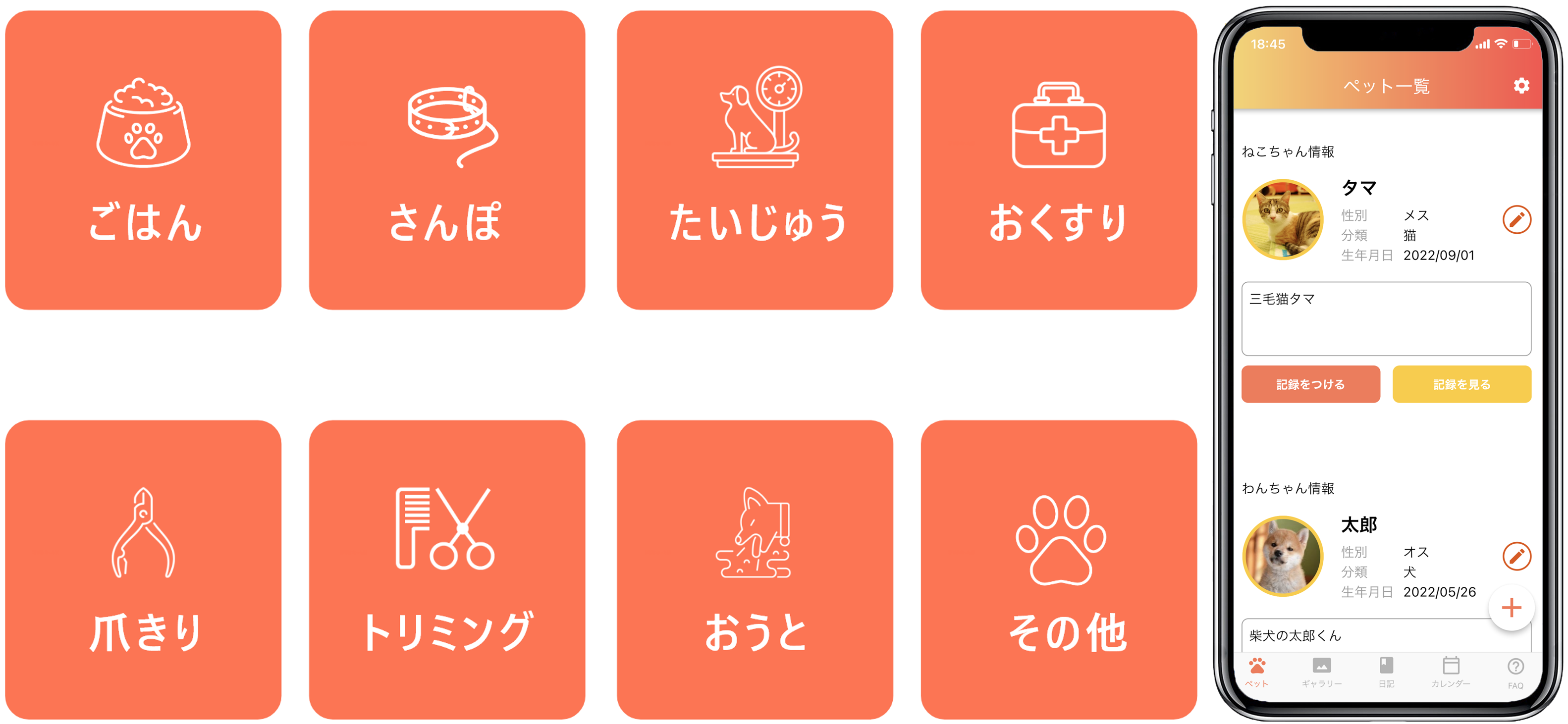 ごはん、さんぽ、たいじゅう、おくすり、爪きり、トリミング、おうと、その他