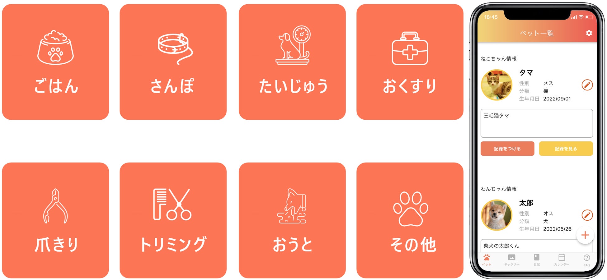 ごはん、さんぽ、たいじゅう、おくすり、爪きり、トリミング、おうと、その他