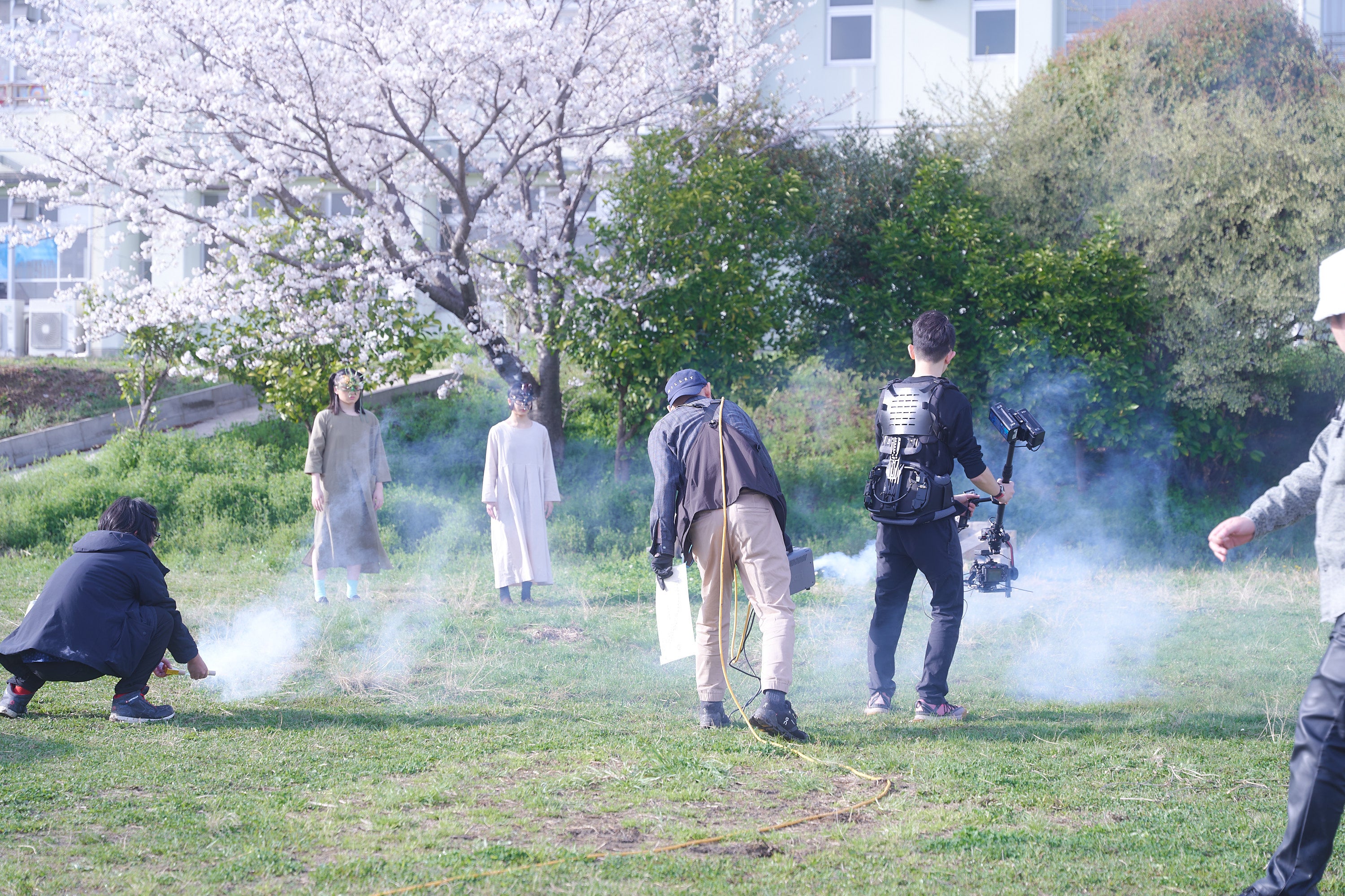 校庭の桜の前での撮影現場