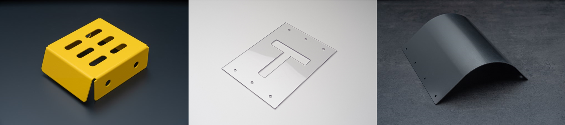 塗装部品（左）、樹脂素材部品（中央）、R曲げ部品（右）も短納期選択が可能に