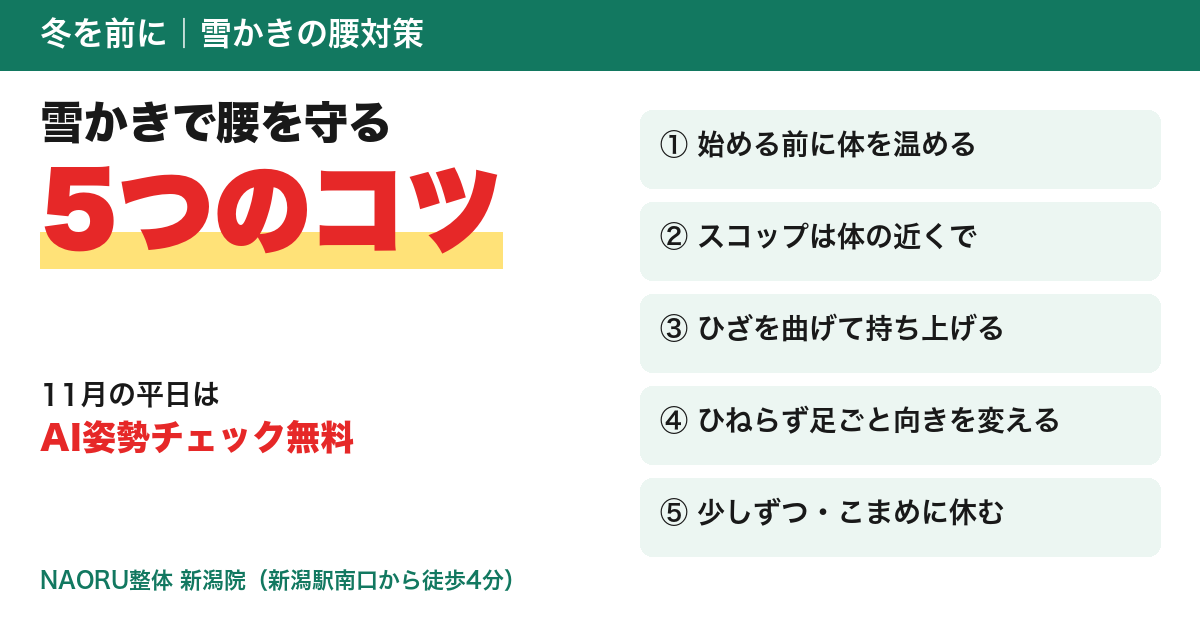 雪かきシーズン前に知っておきたい「腰を守る5つのコツ」 新潟駅南口の整体院がまとめました【NAORU整体 新潟院】