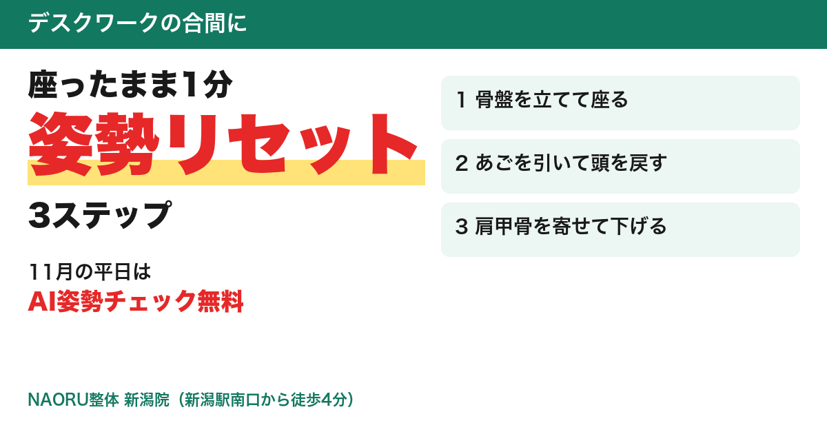 座ったまま1分でできる「姿勢リセット」3ステップ デスクワークの肩・首のこりに、新潟駅南口の整体院が紹介【NAORU整体 新潟院】