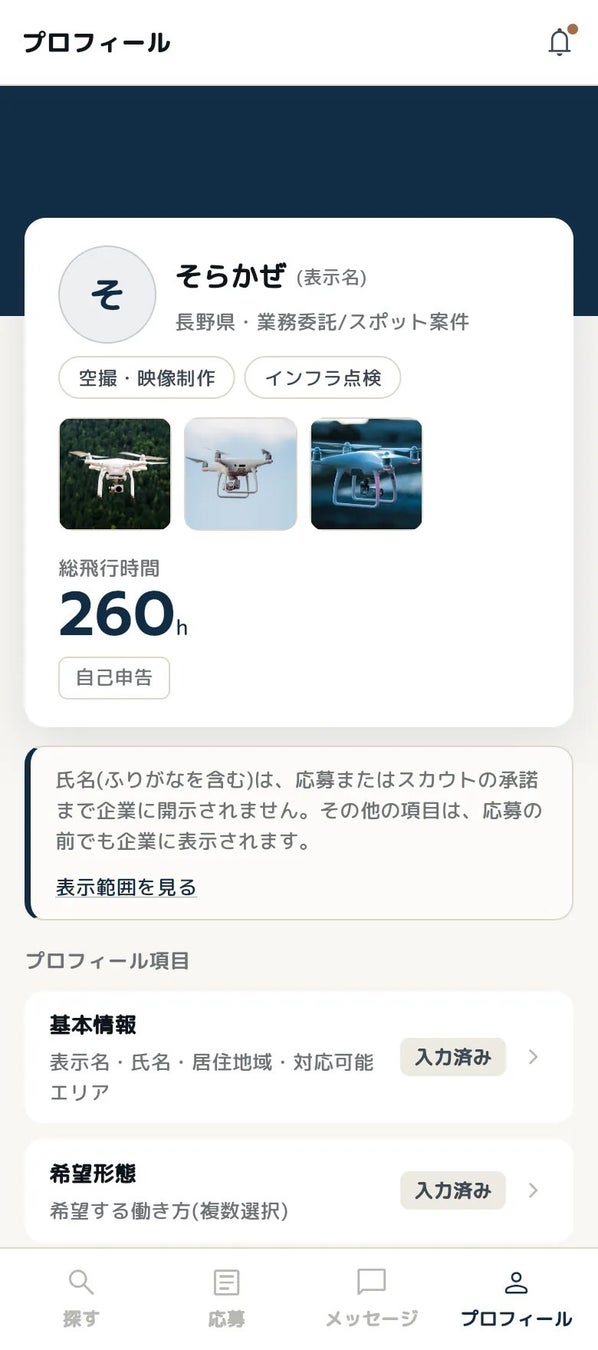 プロフィール編集の表示例(画面はサンプルです)