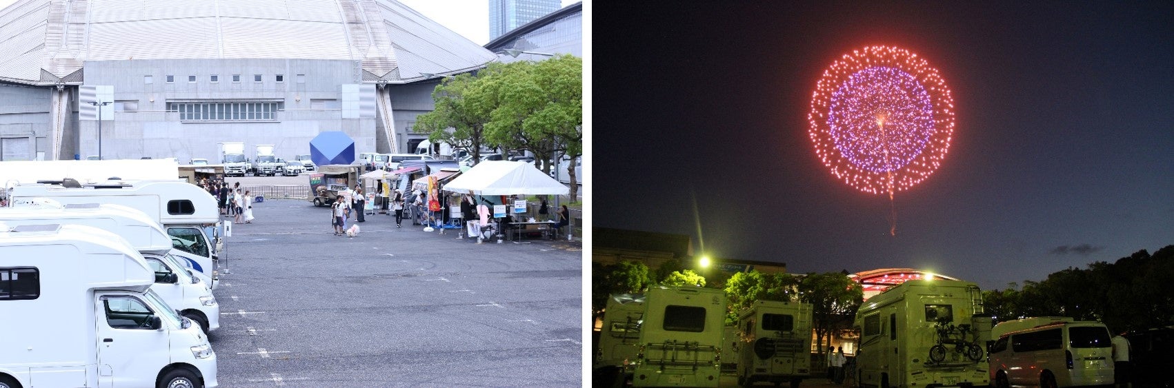 屋外の車中泊エリアでは、夜には花火が鑑賞できるベストスポットに