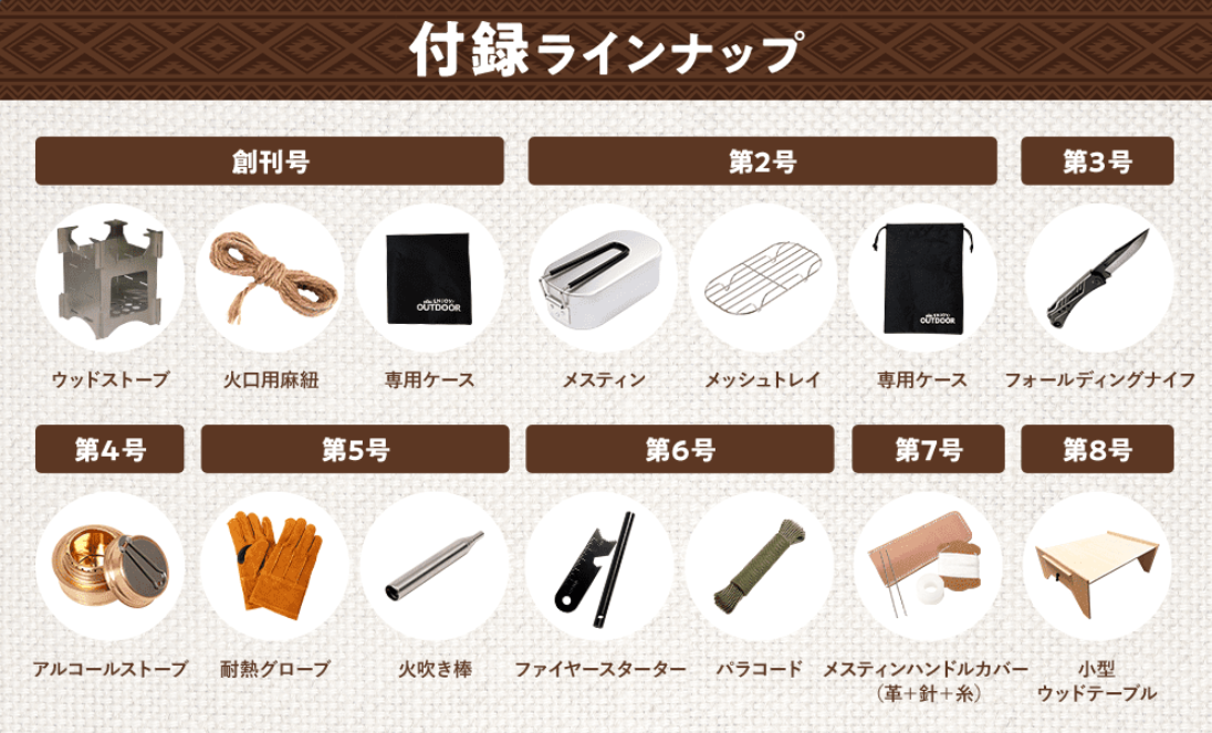 アウトドアをもっと楽しもう！毎号の付属ツールを集めてアウトドア