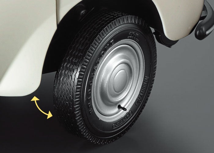 ステアリングを切ると連動して前輪が左右に動く。