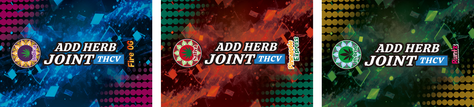 （写真左から）インディカ：Fire OG、サティバ：Pineapple Express、ハイブリッド：Runtz