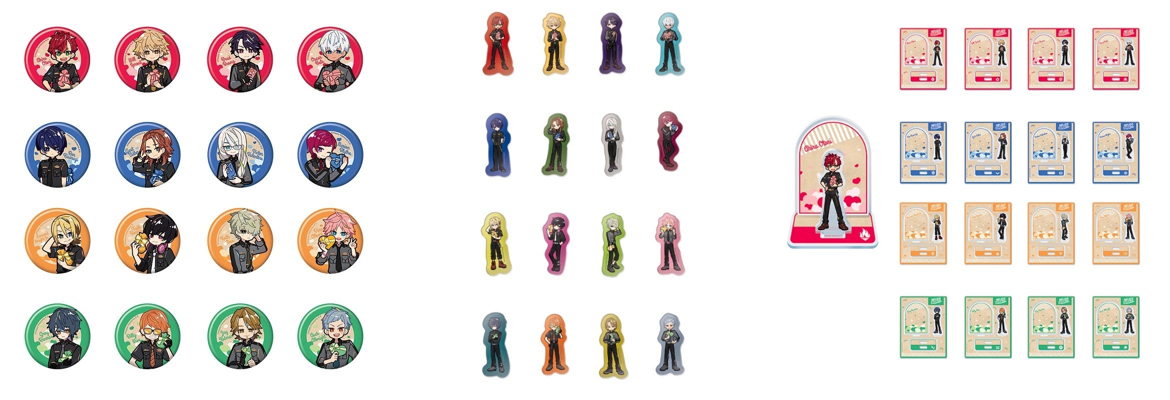 缶バッジ（ランダム16種）、アクリルバッジ（ランダム16種）、ミニキャラアクリルスタンド（ランダム16種）