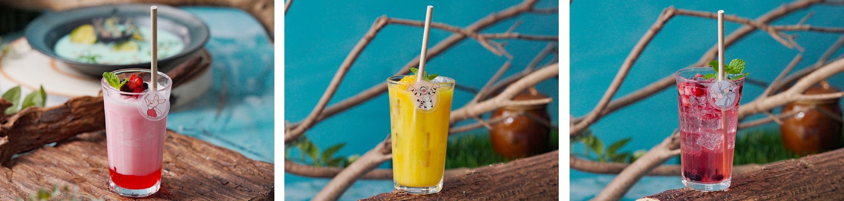 ＜ピグレット＞ストロベリーヨーグルトスムージー、＜ティガー＞100％オレンジジュース、＜イーヨー＞ベリーソーダ