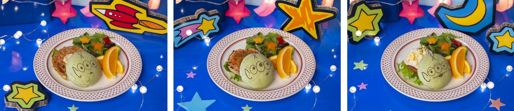 <エイリアン>バーガーA(テリヤキ大豆ミート)、<エイリアン>バーガーB(トマト大豆ミート)、<エイリアン>バーガーC(チキン&ポテト)