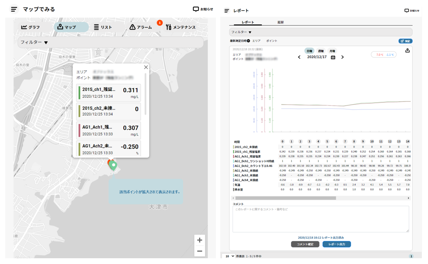 測定地点のマップや自動集計によるレポート表示が可能