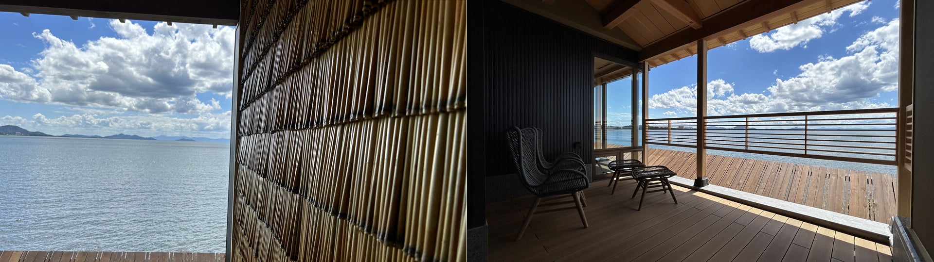左：琵琶湖の葦をあしらった壁面　右：温泉大浴場 デッキテラス