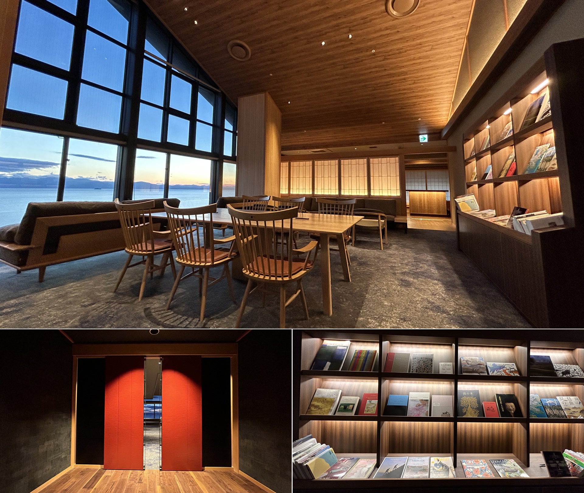 左下：かつての彦根藩主 井伊家の赤備えをイメージした扉　右下：ライブラリー