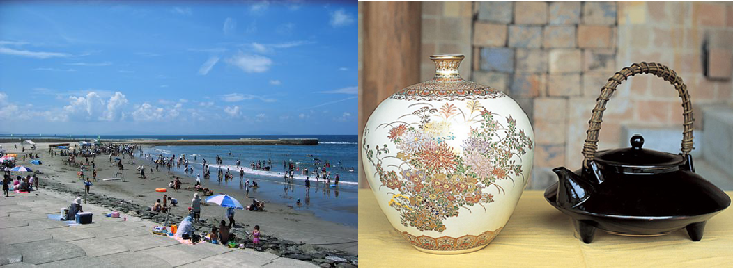 （左から）吹上浜、薩摩焼