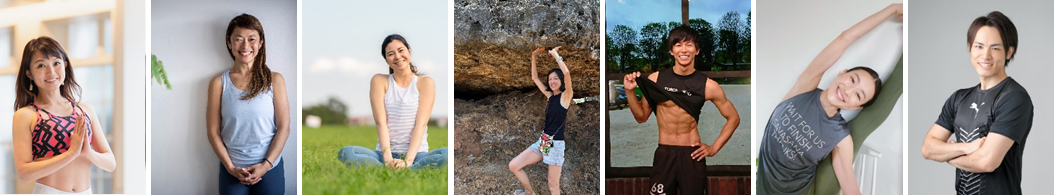 ▲講師インストラクター（左から Fu-chan・Maiko Kurata・Emi・YUKI・腹筋王子カツオ・MOTOMI・佐久間翔太）