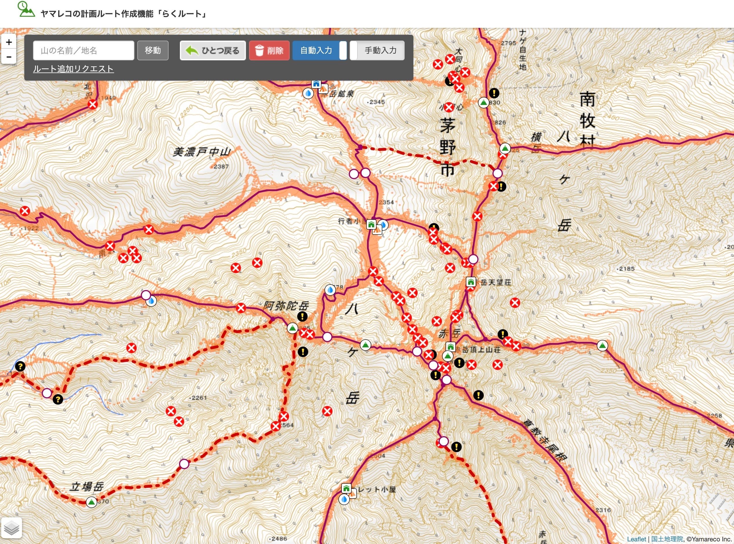 計画機能「らくルート」　赤い線が登録されているルート